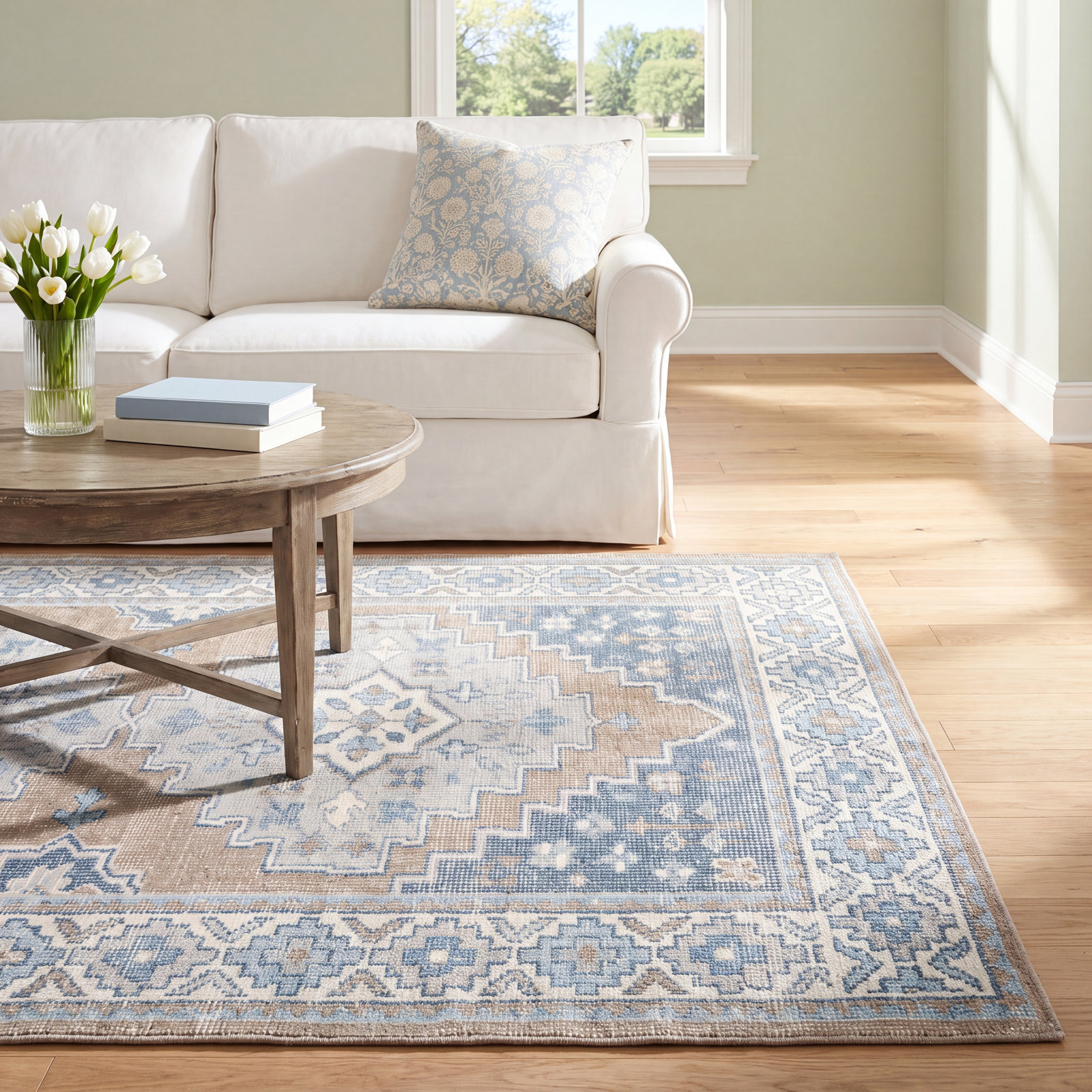 Beige Blue Hand-Woven Oriental Rug, Rectangle 5' x 8'