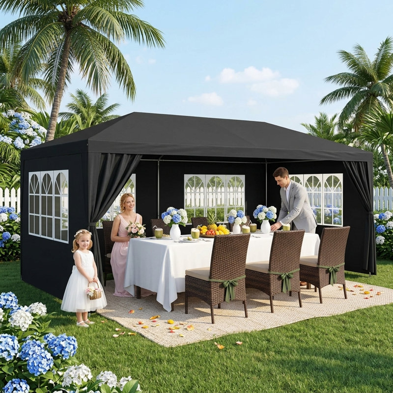 Wedding and Party Canopy Tent Measuring 10x20 Feet, Outdoor Use, Includes 6 Detachable Side Panels, Black Color, Black