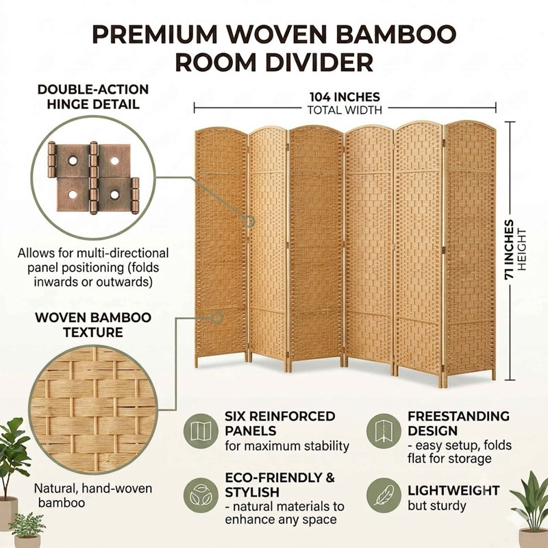 Paravent pliant en bambou de 71 po de hauteur avec garniture en bambou, Naturel, 6, H 71 po x l 104 po x P 1 po
