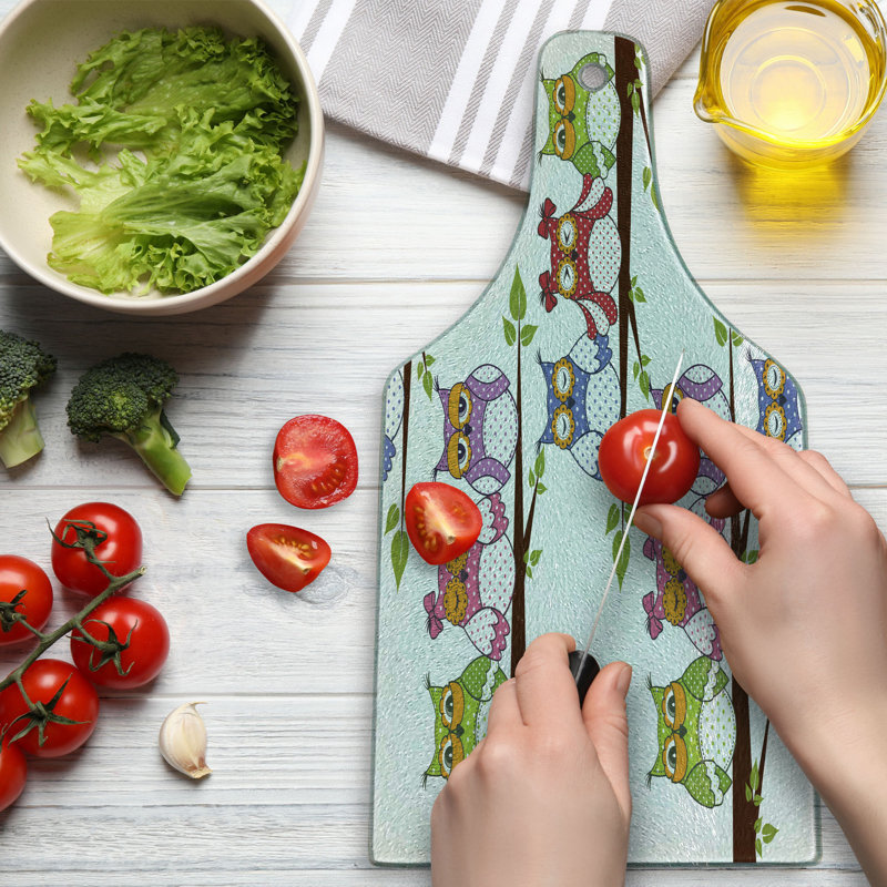 Ambesonne Owls Tempered Glass Cutting Board Birds on Tree Branches Multicolor