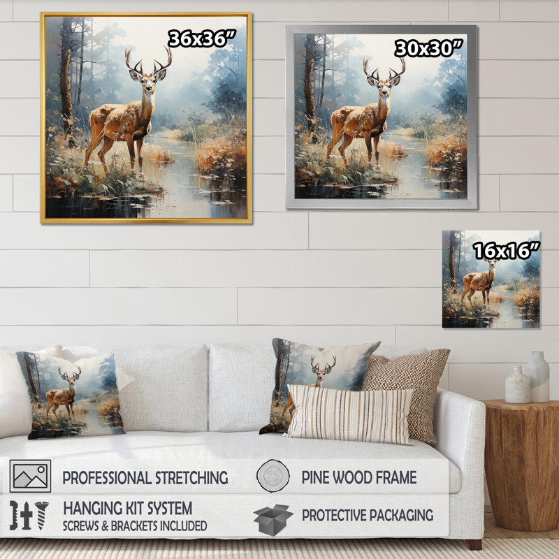 «Animal Deer Misty Morning I», reproduction, Cadre simple noir, H 16 po x l 16 po x P 1 po