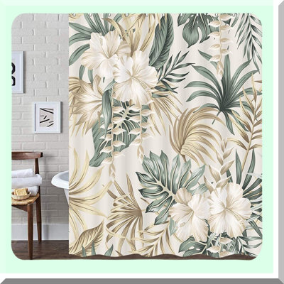 Vintage Sage Green Palm Leaves Shower Curtain - Tropical Floral Botanical Bathroom Decor, Beige Fabric with Hooks