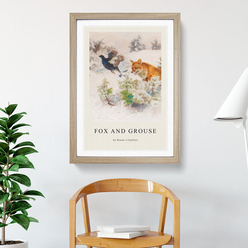 Fox Chasing Bird by Bruno Liljefors - Single Picture Frame Print, Oak Framed, 65cm H x 48cm W x 2cm D