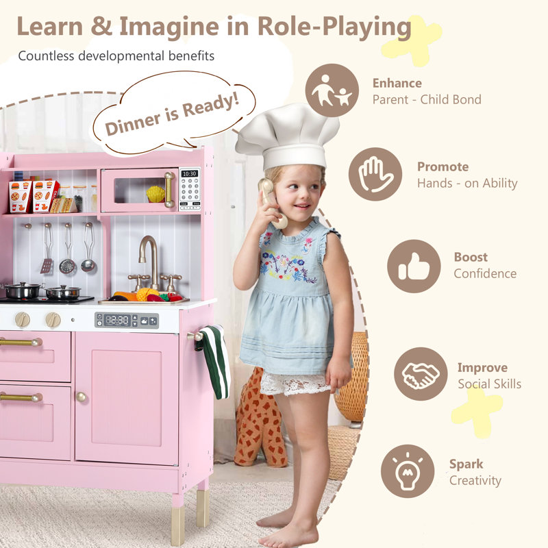 Pretend Play Kitchen Wooden Toy Set for Kids w/Lights & Sounds, Utensils, Oven, Microwave, Gift for Boys Girls Age 3+, Pink