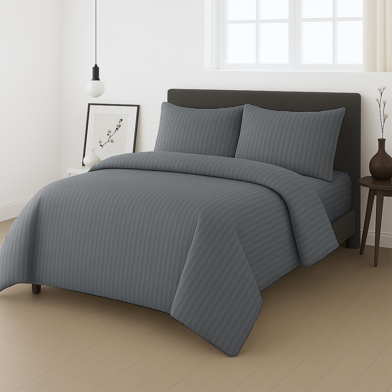 Microfiber Stripe Duvet Complete Set With Striped Pillows & Fitted Sheet, Double Duvet +1 Fitted Sheet +2 Pillowcases, Grey