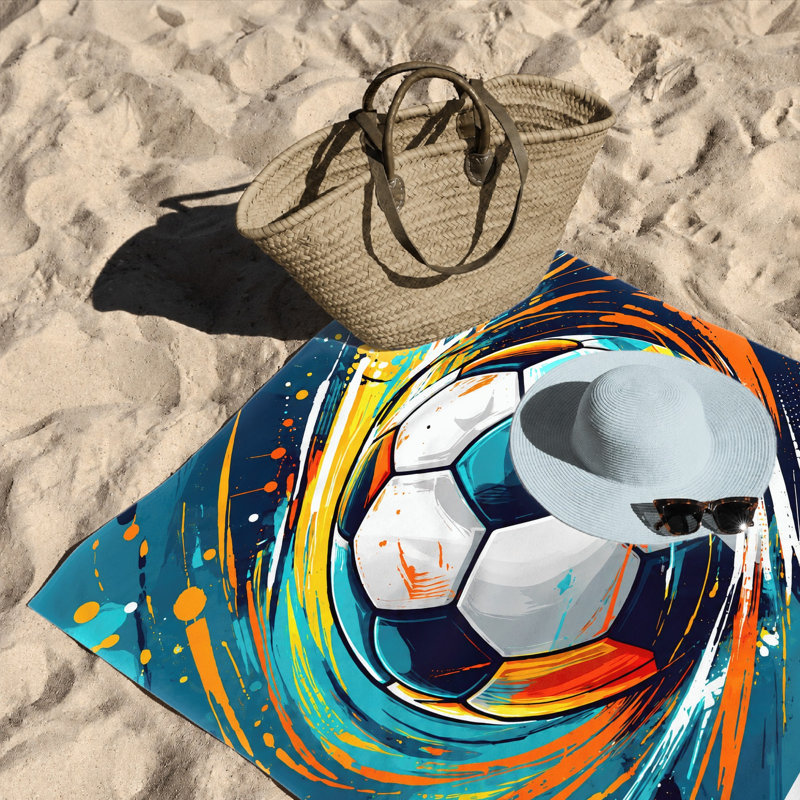 Serviette de plage ballon de football 1 pièce, reproduction d'art dynamique abstraite, conception éclatante orange bleu, microfibre à séchage rapide pour, voyage, natation, unisexe
