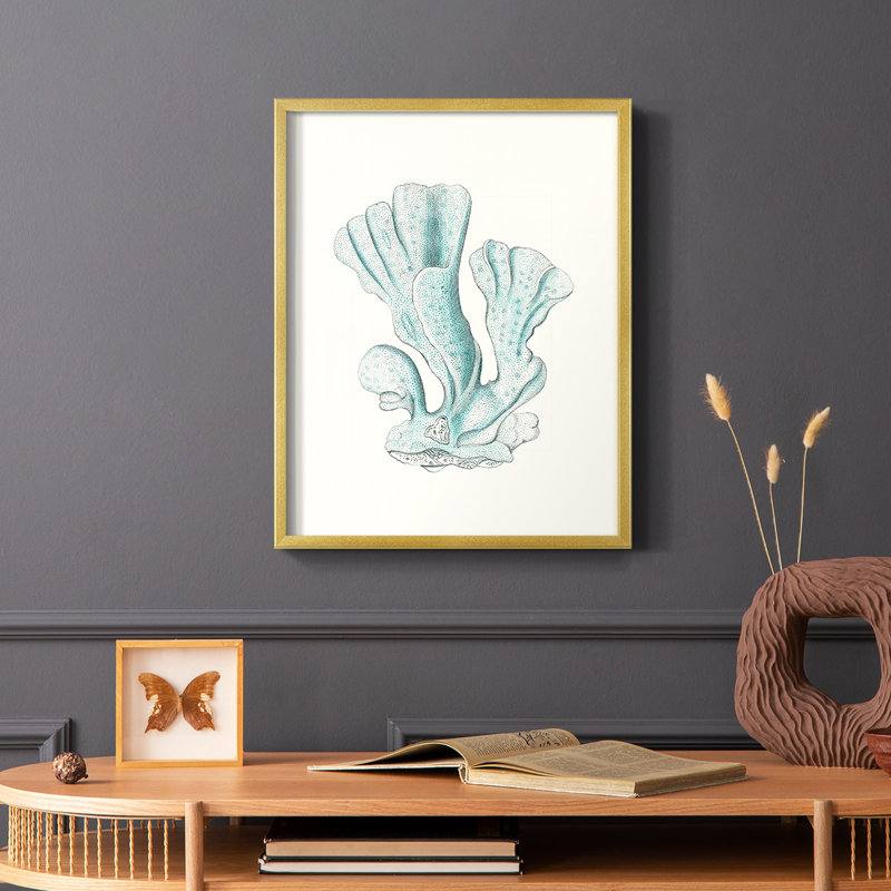 Reproduction encadrée antique de corail de style bord de mer - bois massif, Or, H 28 po x l 22 po