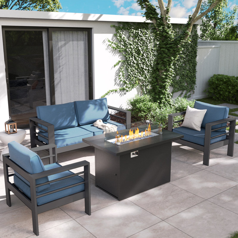 4-Person Sofa Seating Group With Fire Pit Table, Gray, Blue