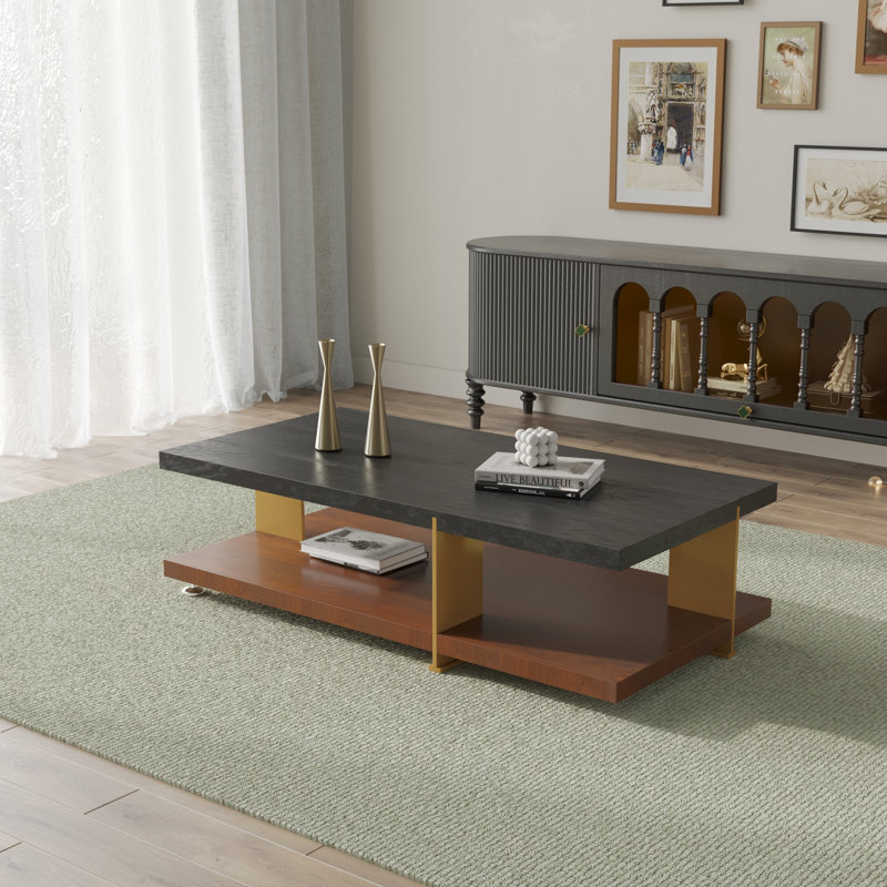 Table basse rectangulaire avec rangement, Plateau noir / base brune
