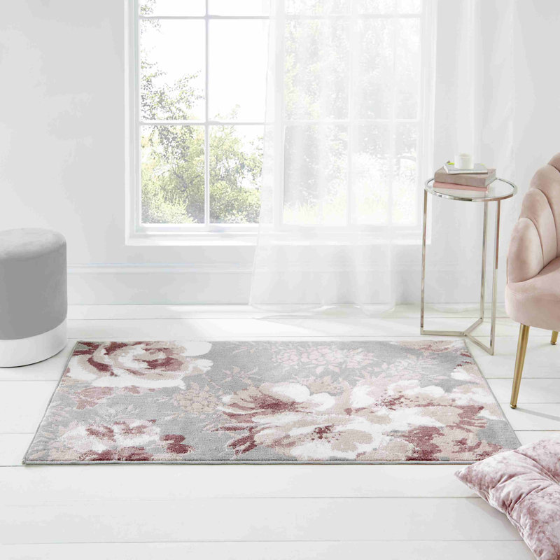 Dramatic Floral Machine Woven Grey/Pink Rug, Rectangle 160 x 230cm