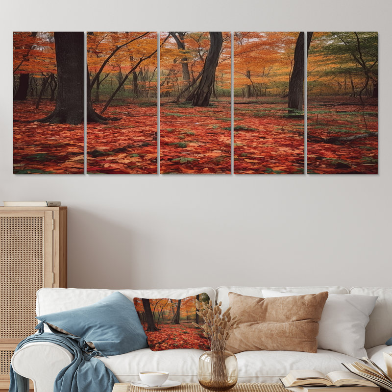 Feuilles d'automne dans la forêt d'érable - décoration murale arbre séquoia 5 pièces, H 28 po x l 60 po