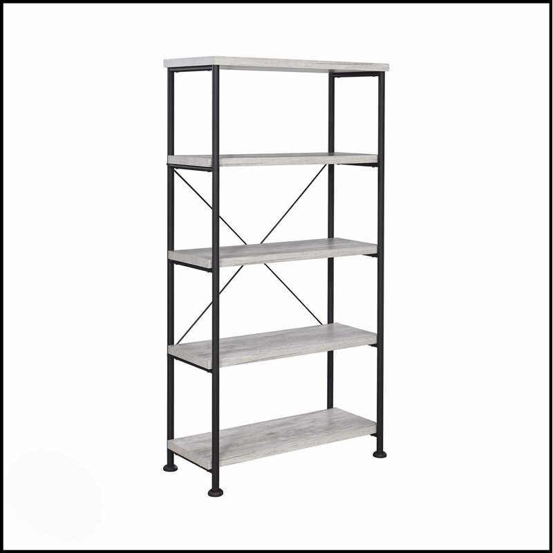 4-Shelf Bookcase With Metal Frame In Grey Driftwood, Combining Modern Design And Robust Storage Solutions For Any Space.