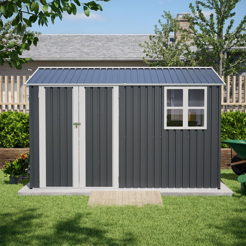 [10X8 Ft Gray Outdoor Steel Storage Shed]– Clear Window & Lockable Doors | Weather-Resistant For Garden, Backyard, Patio & Utility Storage​