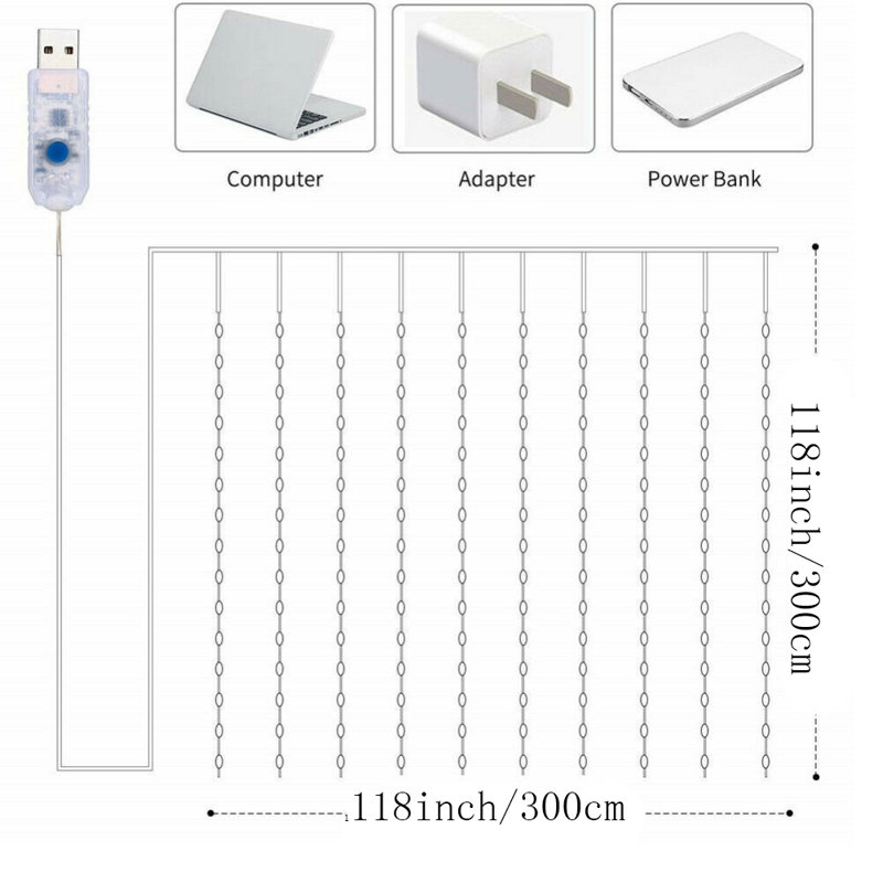 2 lumières de rideau 2 * 10 pi 10 pi pour les lumières de la chambre alimentées par USB pour la chambre, le mur, la fête, Noël, décoration intérieure