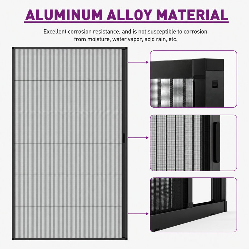 Porte moustiquaire rétractable 89 x 203 cm, cadre en aluminium robuste, conception hydrophobe unique, toile indéchirable, pliable pour porte d'entrée, patio et balcon, anti-insectes, noire