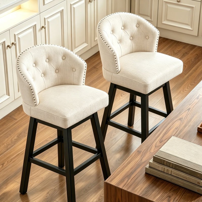 Tabourets de bar rembourrés avec structure en bois massif Aadhvika, Beige / lin