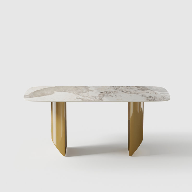 Dashona White Rectangular Sintered Stone Dining Table with Double Pedestals, Gold, 35.4" W x 70.9" L