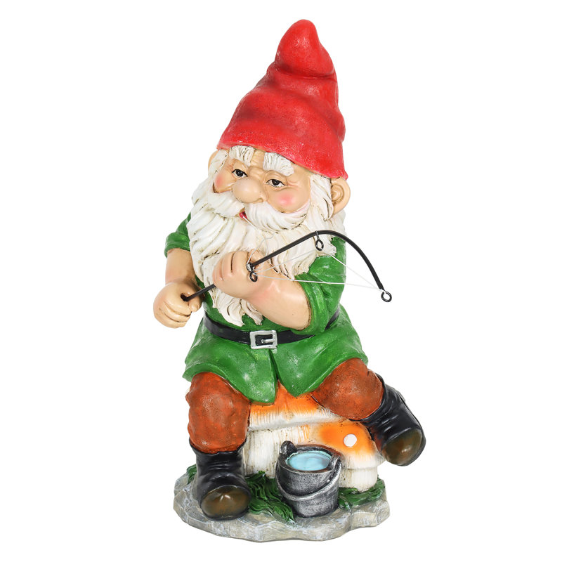 Statue de jardin peinte à la main Exhart Good Time Fishing Felix Gnome on Stool