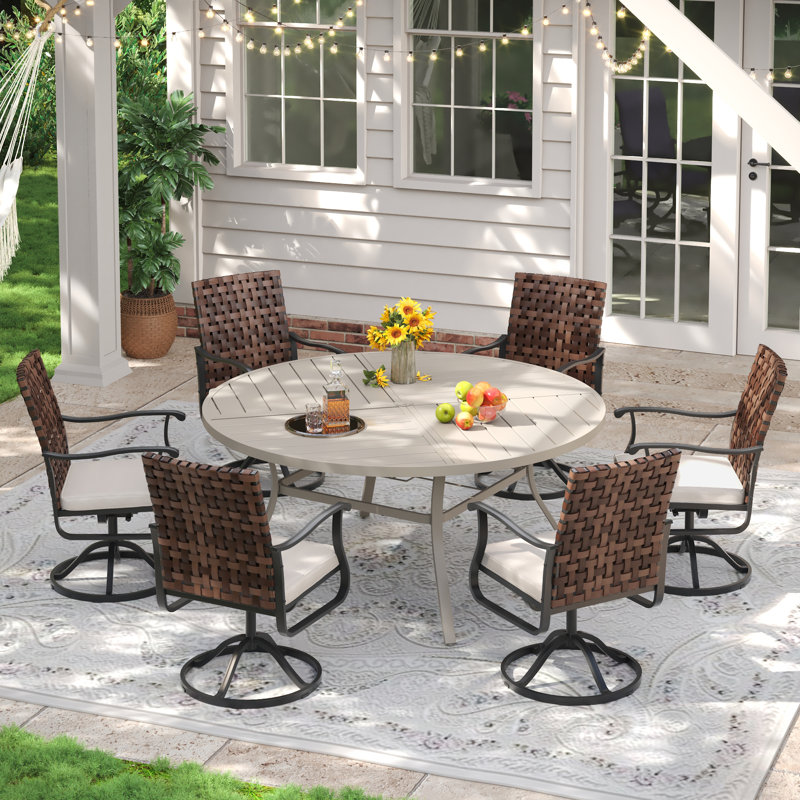 6-Person Outdoor Patio Dining Set With Wicker Swivel Chair, Cream