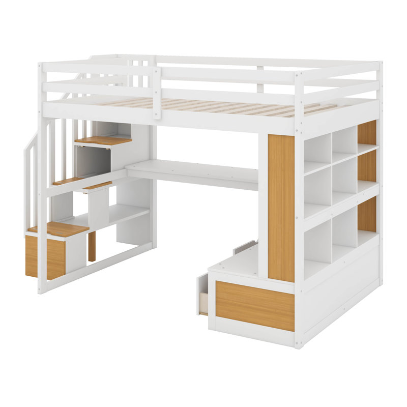 Lit mezzanine double avec bureau, tablettes et tiroirs, Blanc/naturel