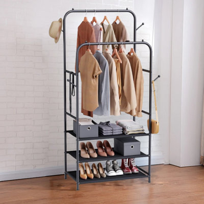 Freestanding Double Rods Clothing Garment Rack For Organizing Shoes,Bags,Hats And Clothes