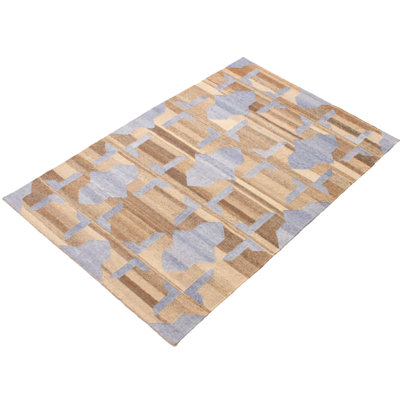 Tapis bleu ciel / brun en laine tissé à plat à la main Abrahem