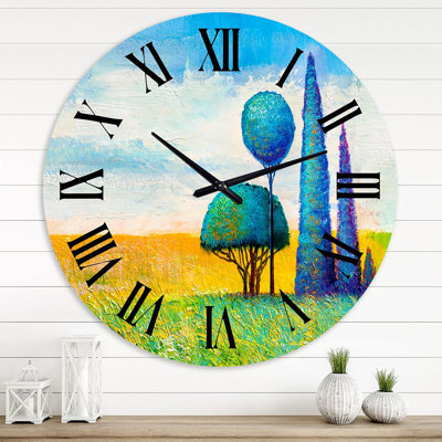 Paysage surréaliste d'arbres rouges et mauves - horloge murale