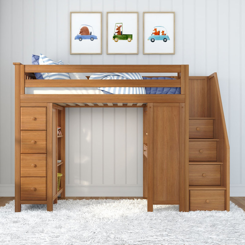 Identas Twin 8 Drawer Solid Wood Loft Bed With Bookcase, Pecan