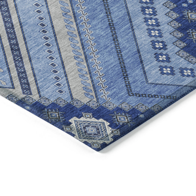Blue Tribal Pattern Washable Synthetic 8' x 10' Rug