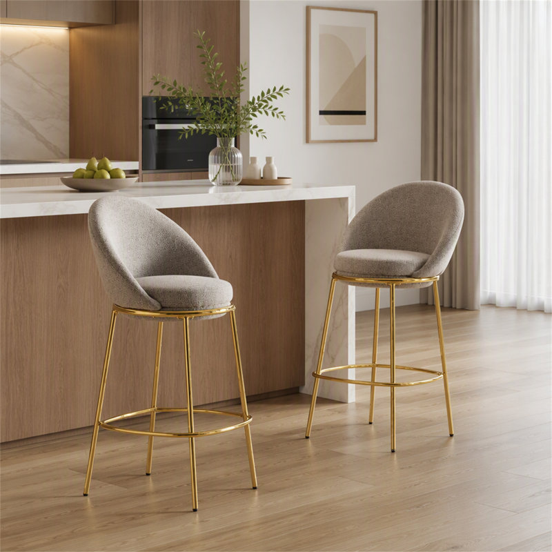Tabouret de bar rembourré en métal, structure plaquée or et revêtement beige mélangé, ensemble de 2