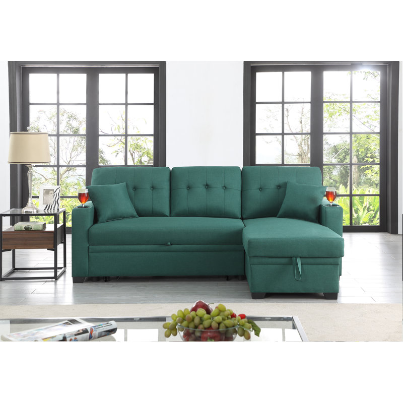 Upholstered L-Shaped Sectional Reversible, Green Polyester Blend
