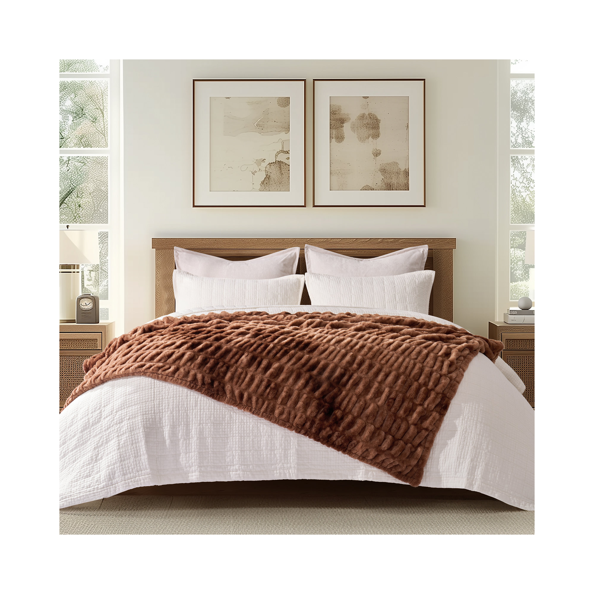Ruched Bubble Faux Fur Throw Blanket, Clay, 60" W x 80" L