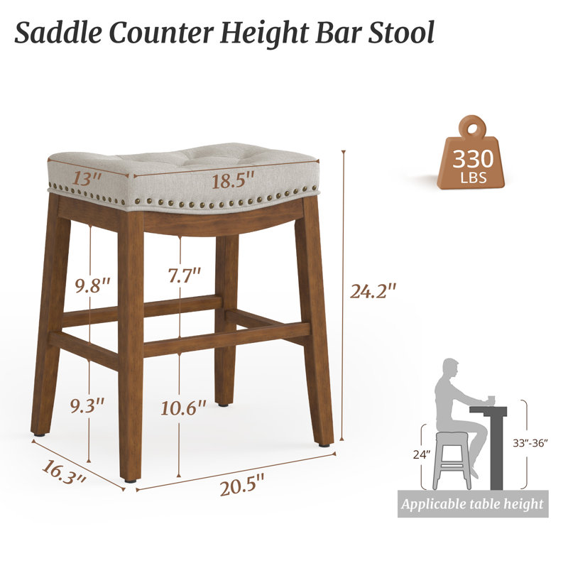 Bar Stools, 24 Inch Fabric Counter Height Bar Stools, Saddle Barstools For Kitchen Island With Nailhead Trim Tufted Button