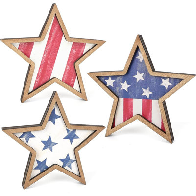 4 juillet décorations étoiles en bois, patriotique jour commémoratif étoile, ensemble de 3 plateaux décoratifs, 4 juillet, rouge, bleu, décoration pour tablette de bureau à domicile (drapeau rétro)
