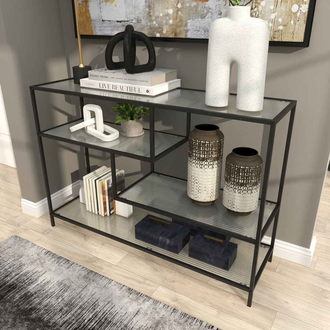 Black Metal 4 Shelf Storage Shelving Unit with Clear Glass Shelves Hokku Designs