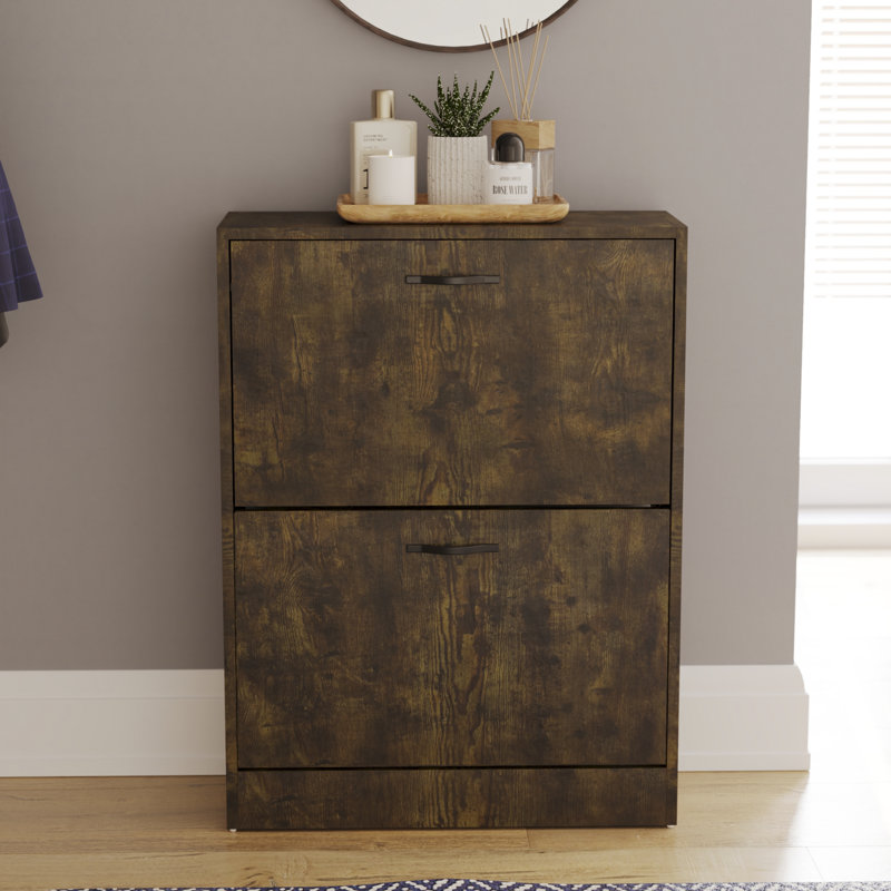 Drawer Flip Down Shoe Storage Free Standing Cabinet For Hallway, 80" H x 60" W x 24" D, Dark Wood