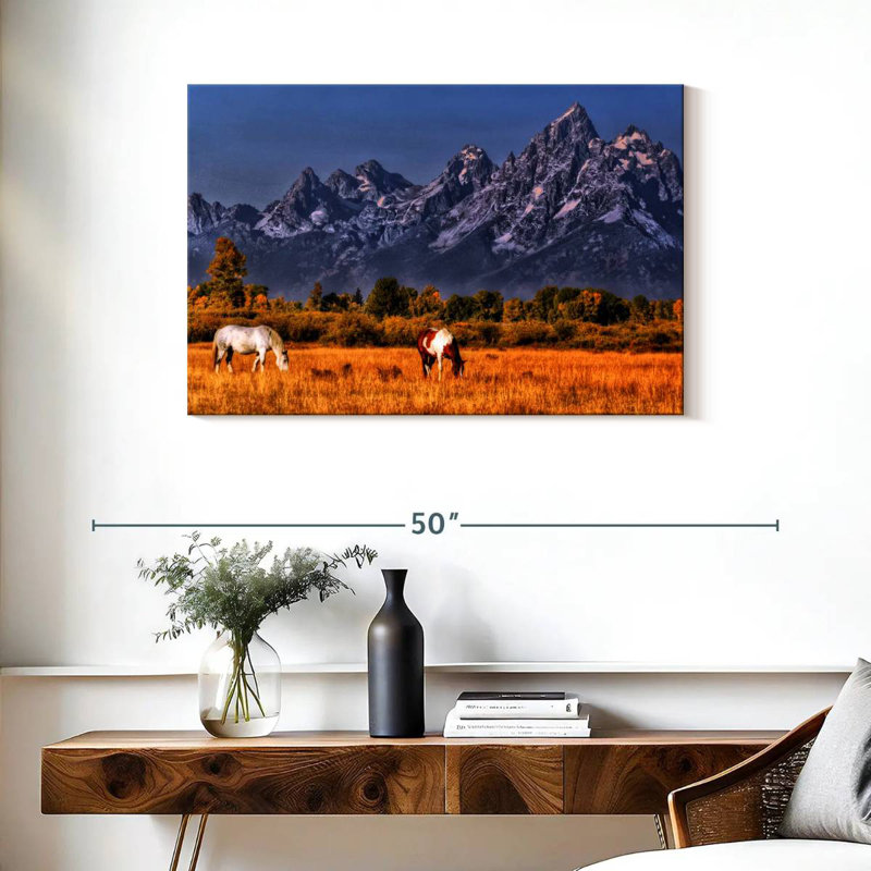 Chevaux d'Alvord broutant à Grand Teton, H 24 po x l 36 po