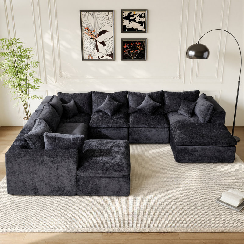 Canapé modulaire rembourré 8 pièces 8 pièces, Chenille noir, H 25,6 po x l 145 po x P 113 po