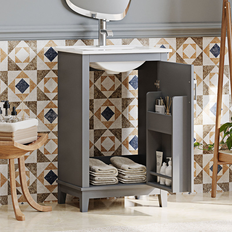 Petit meuble-lavabo avec lavabo en céramique Reylin, Gris