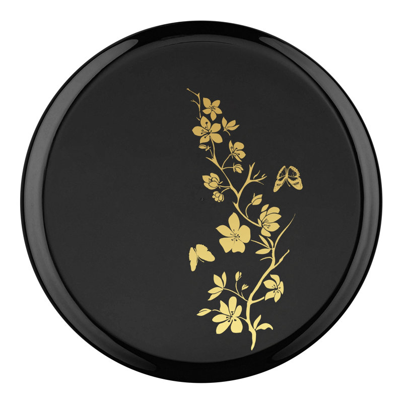 Assiettes plates rondes en plastique noir à motifs floraux dorés (25 cm) - 120 assiettes, Black/Gold
