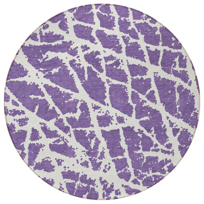 HomeRoots 8' Purple And White Round Abstract Washable Indoor Outdoor Area Rug