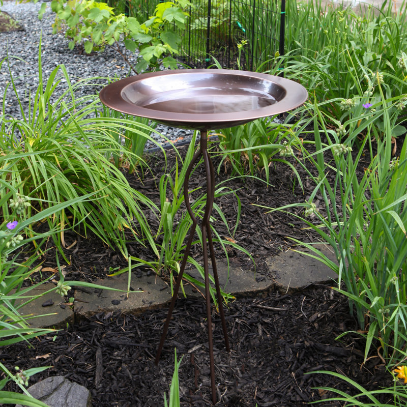 Antique Copper Birdbath with Bronze Wrought Iron Tripod Stake