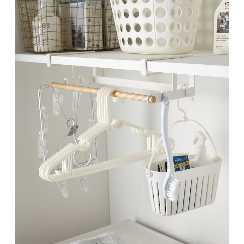Compact Wooden Undershelf Laundry Organizer with Hanger Bar