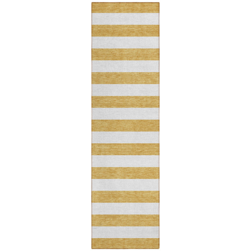 8' Runner Gold Striped Washable Non Skid Indoor Outdoor Runner Rug