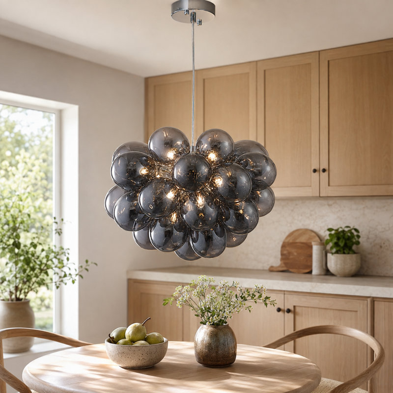 Lustre en forme de globe en verre fumé 18 lumières l 18 po avec cordon réglable