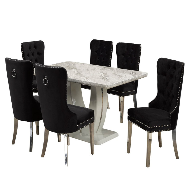 Ensemble de salle à manger en bois massif pour 6 personnes, Blanc, Noir