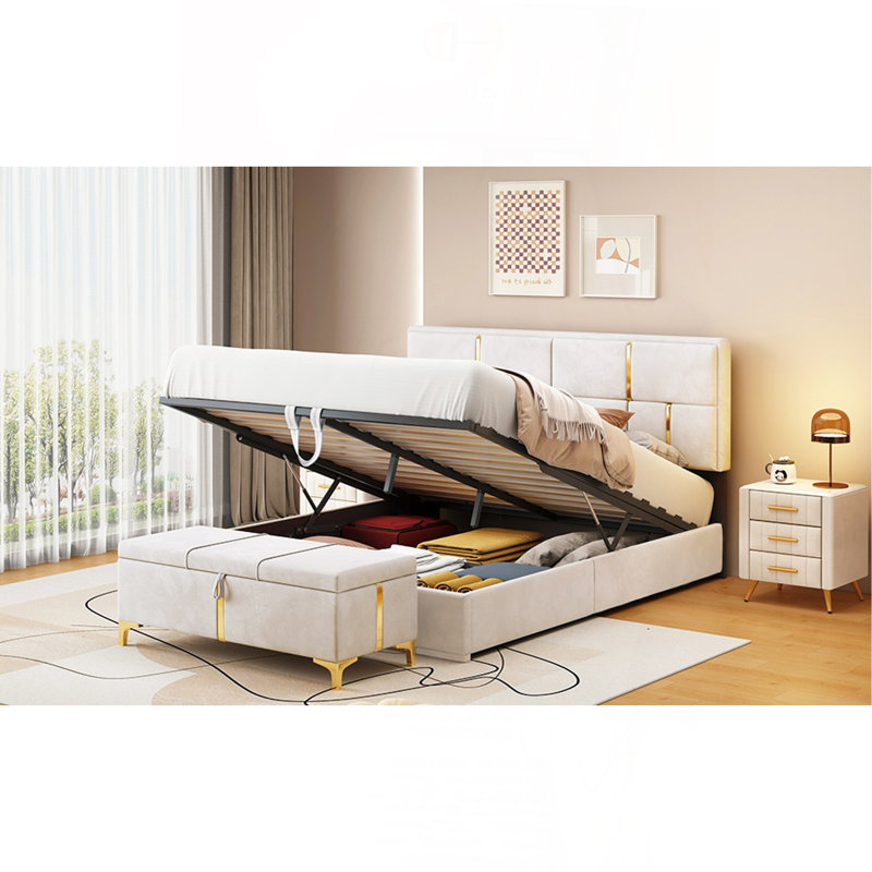 Ensemble de chambre à coucher 2 pièces, lit plateforme tapissier grand avec système de rangement hydraulique, repose-pieds avec pieds en métal, beige