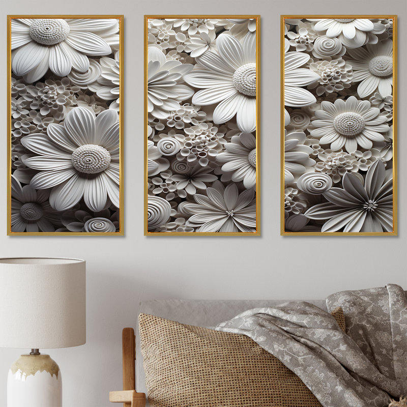 «Black and White Seasonal Flowers Collage», ensemble d'art mural sur toile, Cadre flottant doré, H 40 po x l 60 po x P 1 po