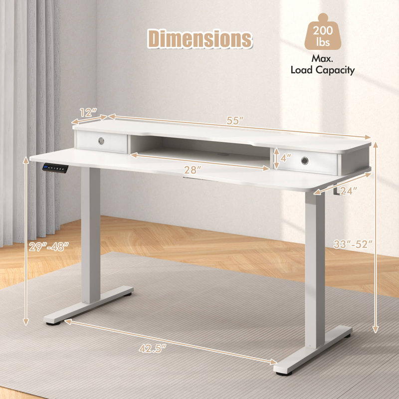 Étagère de rangement électrique avec 2 tiroirs, White, 55" W x 24" D