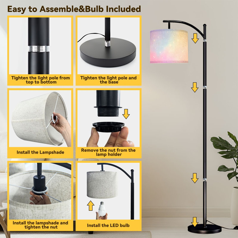 Arc Floor Lamp Pastel Gradient Soft Glowing Lights Sparkling Stars Floor Lamps with Remote LED Lights Adjustable Lamp Shades Tall Standing Lamps for Reading Office Living Room